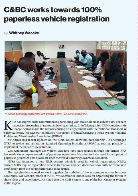 KRA NewsFlash article by Whitney Waceke: C&BC works towards 100% paperless vehicle registration