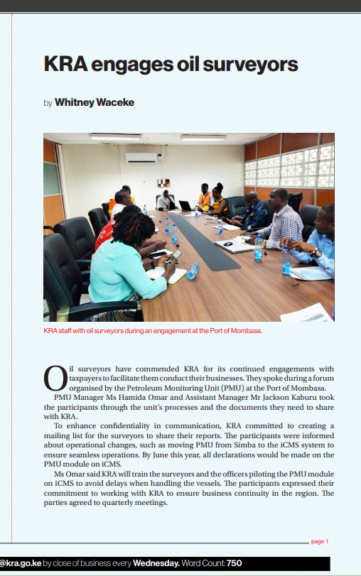 KRA NewsFlash article by Whitney Waceke: KRA engages oil surveyors